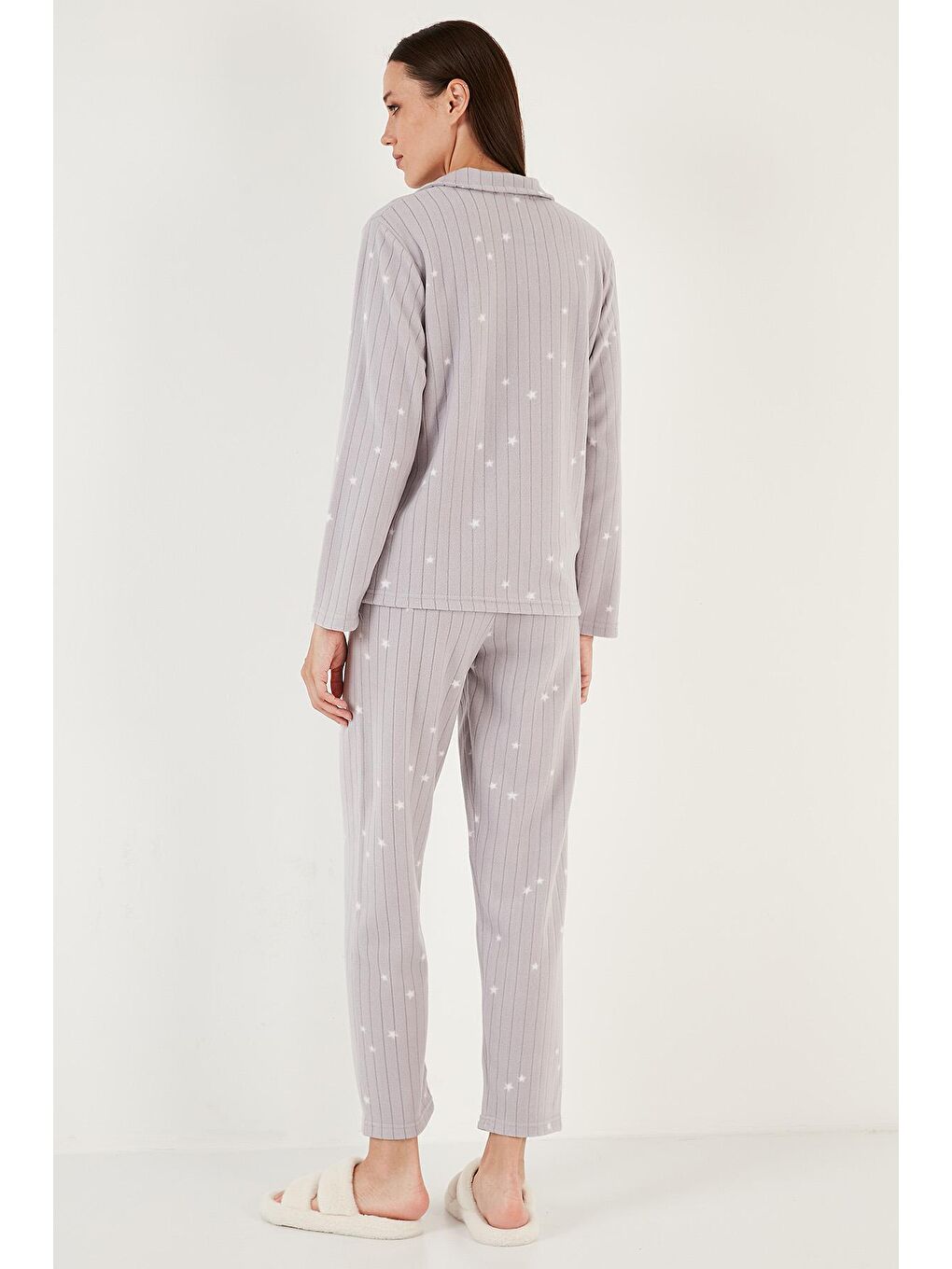 Gri Regular Fit Gömlek Yaka Önden Düğmeli Polar Pijama Takımı 6571009-4