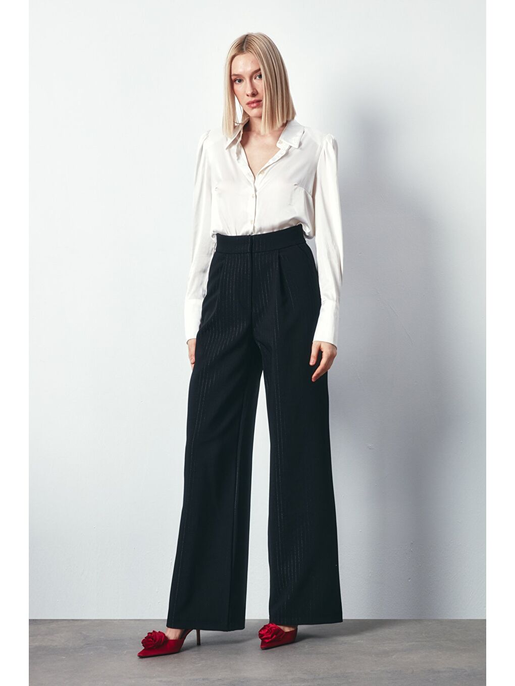 Parlak Çizgili Pantolon - Siyah-4