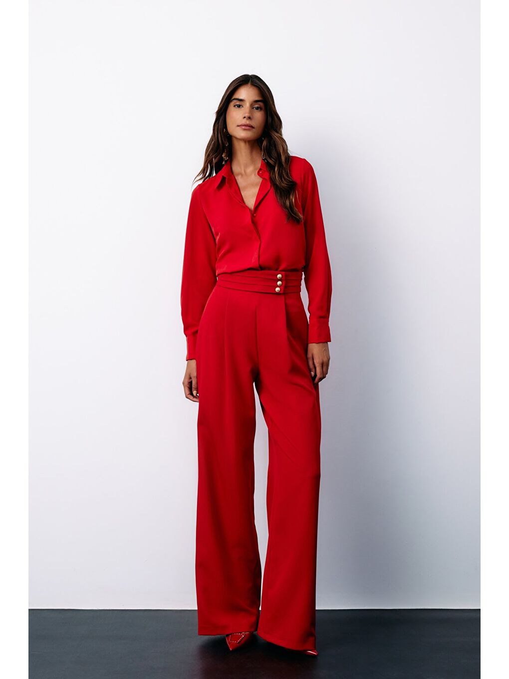 Bel Detaylı Pantolon - Kırmızı-1