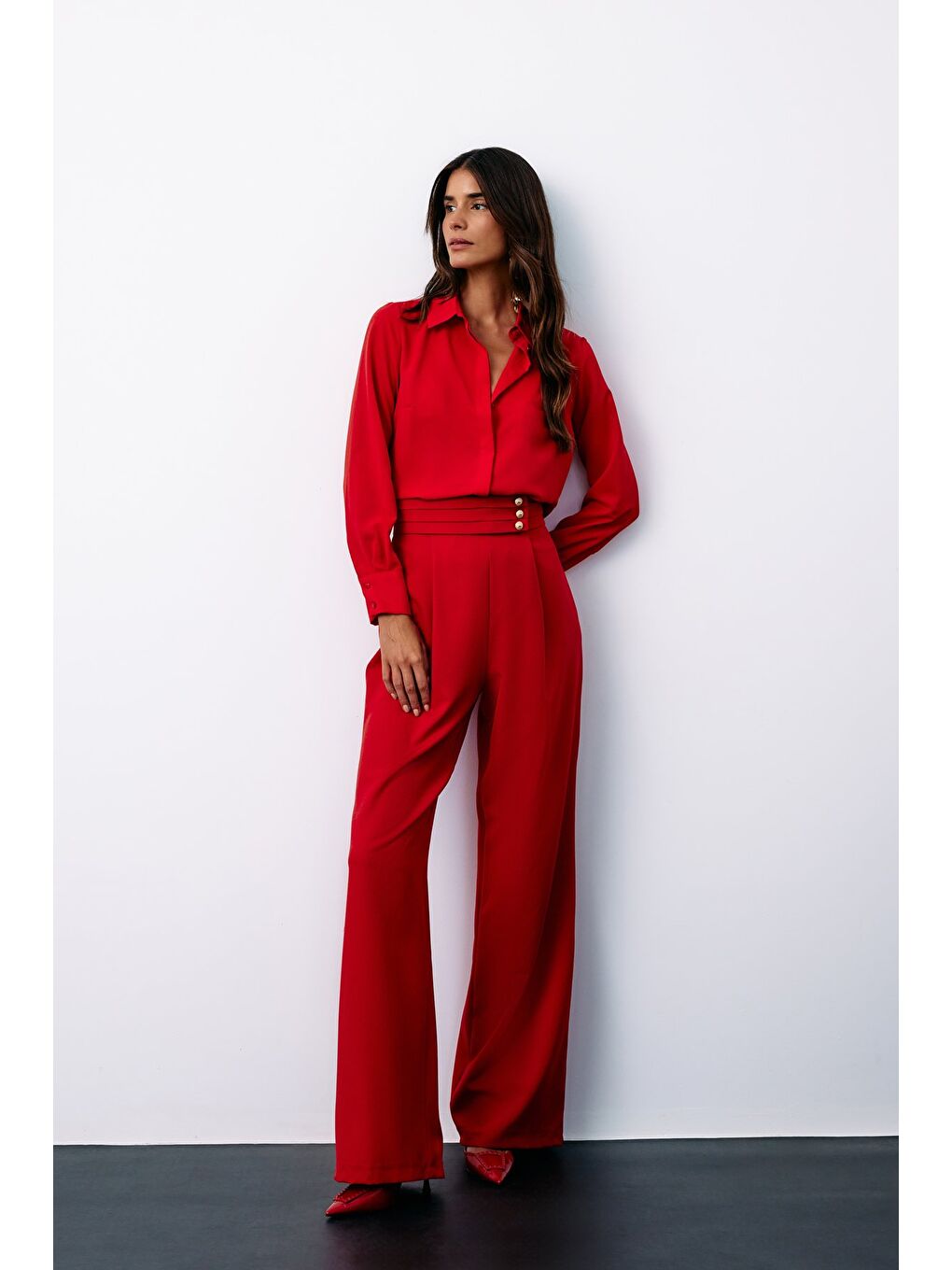 Bel Detaylı Pantolon - Kırmızı-2