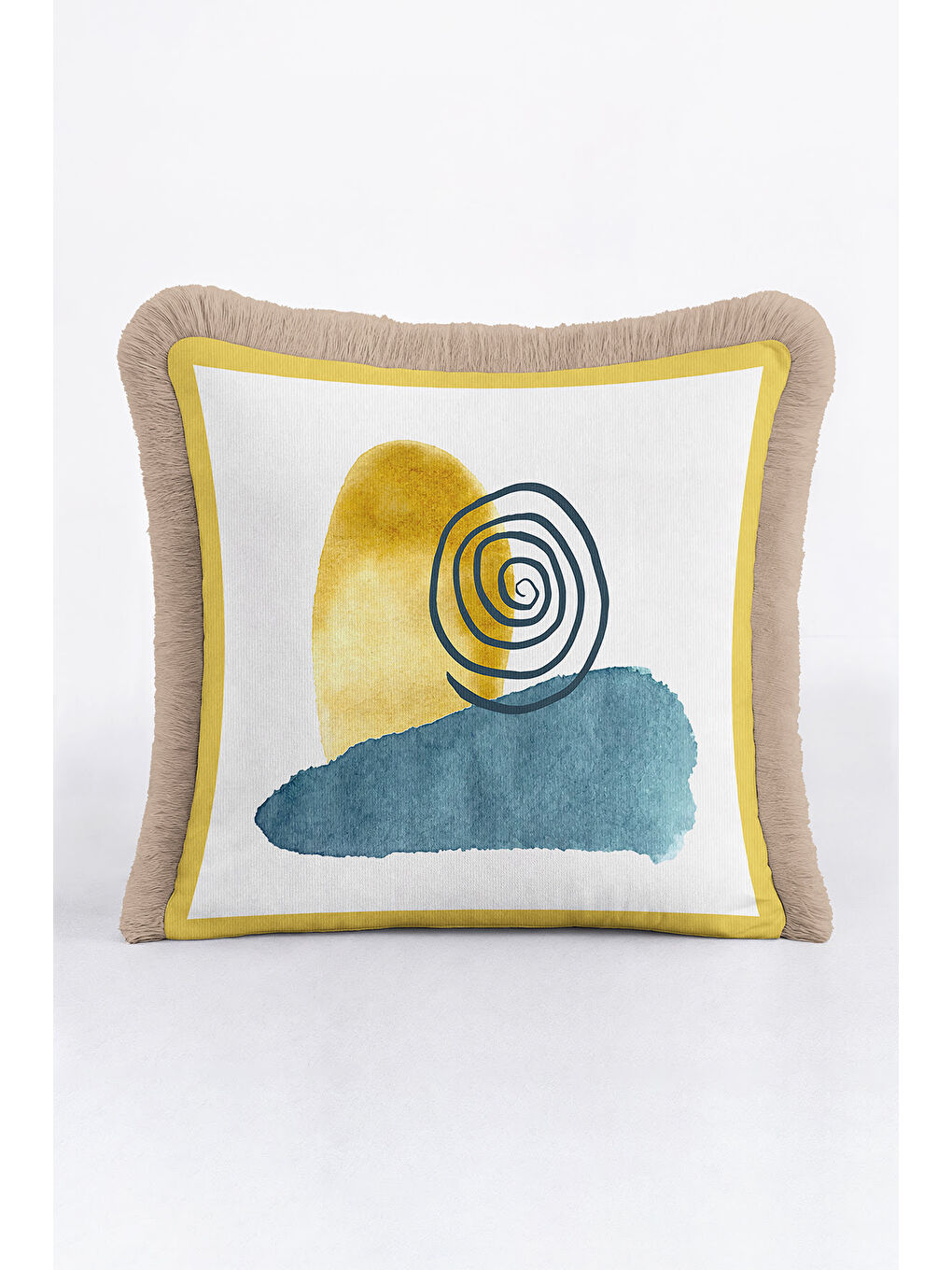 Karışık Modern Sanat Etkili Saçaklı Yastık Kılıfı - Geometrik Bohem Sarı Mavi Bej Püsküllü Kırlent Kılıfı-2