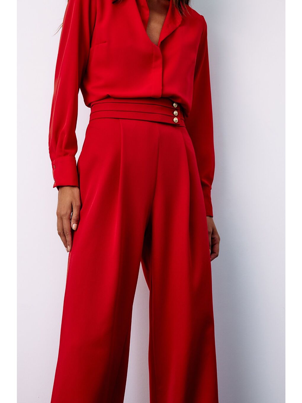 Bel Detaylı Pantolon - Kırmızı-4