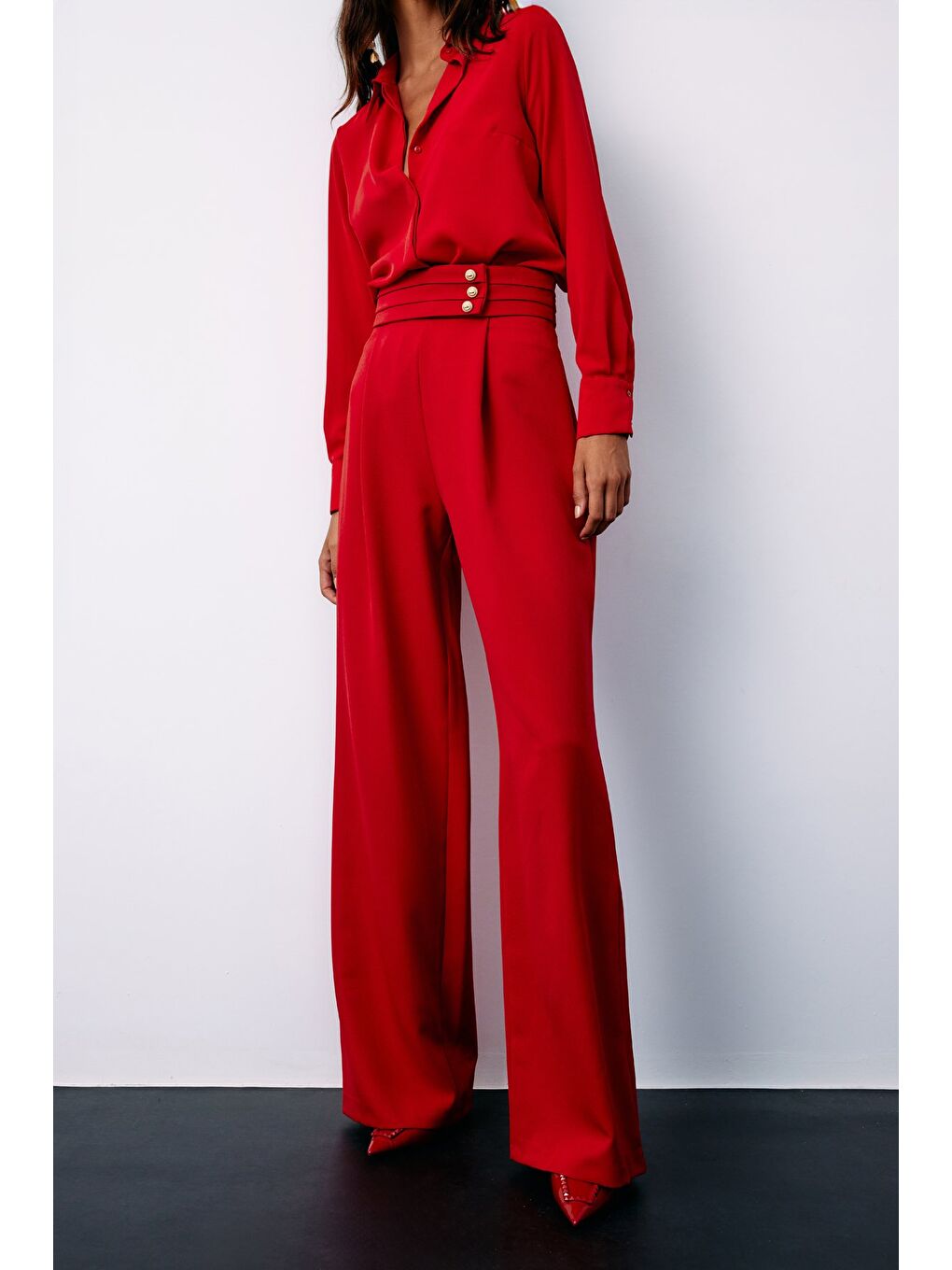 Bel Detaylı Pantolon - Kırmızı-5