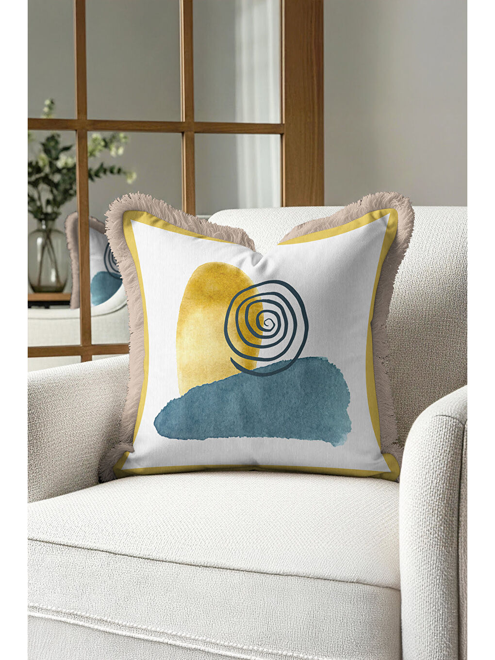 Karışık Modern Sanat Etkili Saçaklı Yastık Kılıfı - Geometrik Bohem Sarı Mavi Bej Püsküllü Kırlent Kılıfı-3