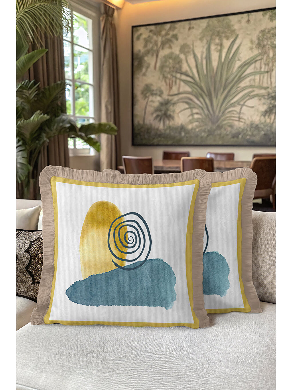 Karışık Modern Sanat Etkili Saçaklı Yastık Kılıfı - Geometrik Bohem Sarı Mavi Bej Püsküllü Kırlent Kılıfı-5