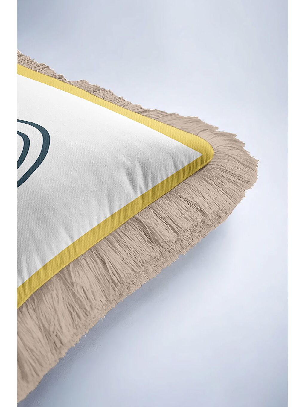 Karışık Modern Sanat Etkili Saçaklı Yastık Kılıfı - Geometrik Bohem Sarı Mavi Bej Püsküllü Kırlent Kılıfı-6