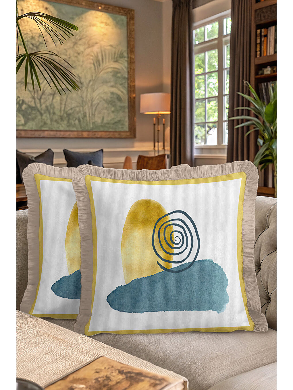 Karışık Modern Sanat Etkili Saçaklı Yastık Kılıfı - Geometrik Bohem Sarı Mavi Bej Püsküllü Kırlent Kılıfı-7