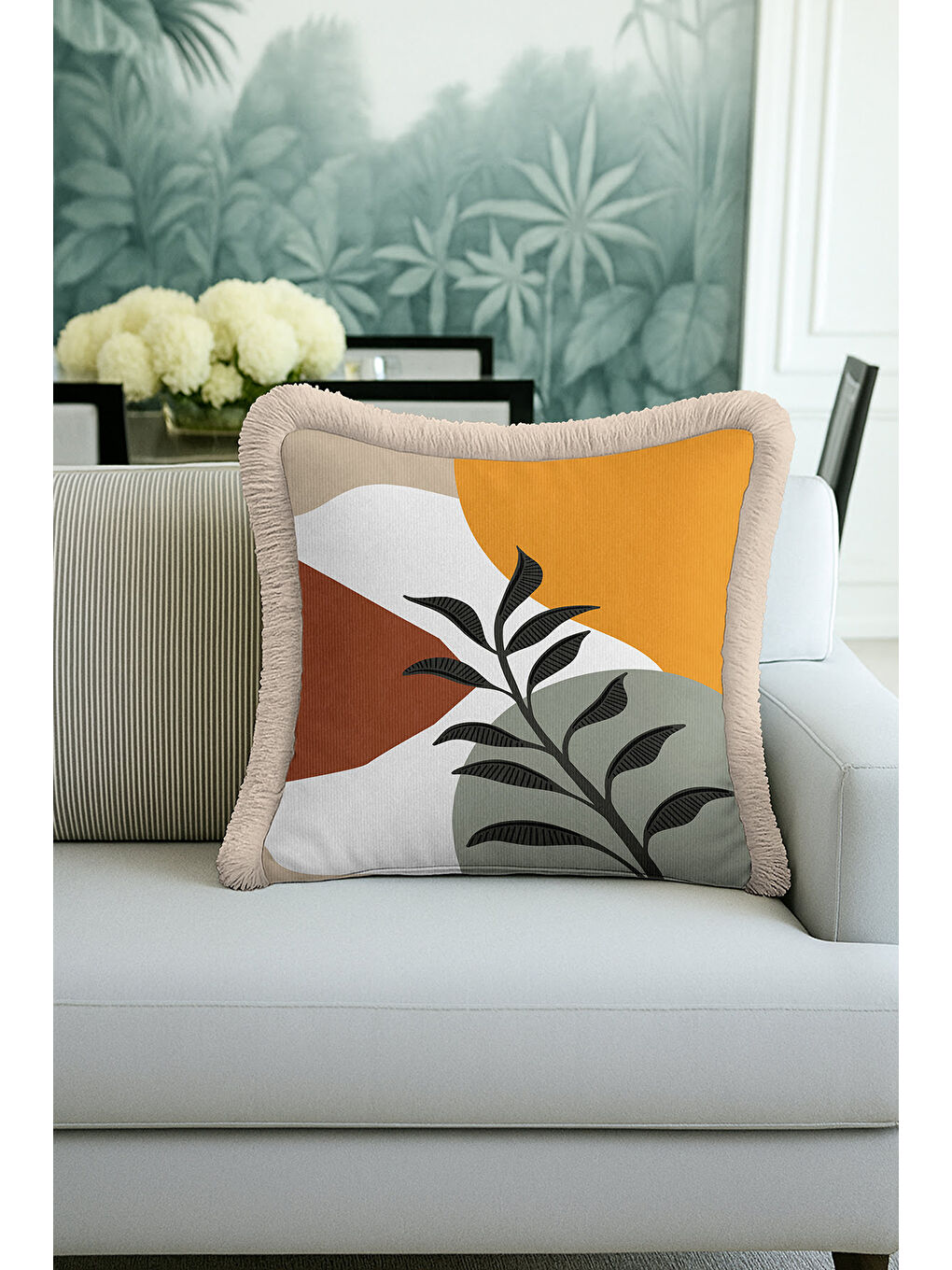 Karışık Modern Sanatsal Saçaklı Yastık Kılıfı - Minimal Doğal Bohem Hardal Bej Püsküllü Kırlent Kılıfı-1