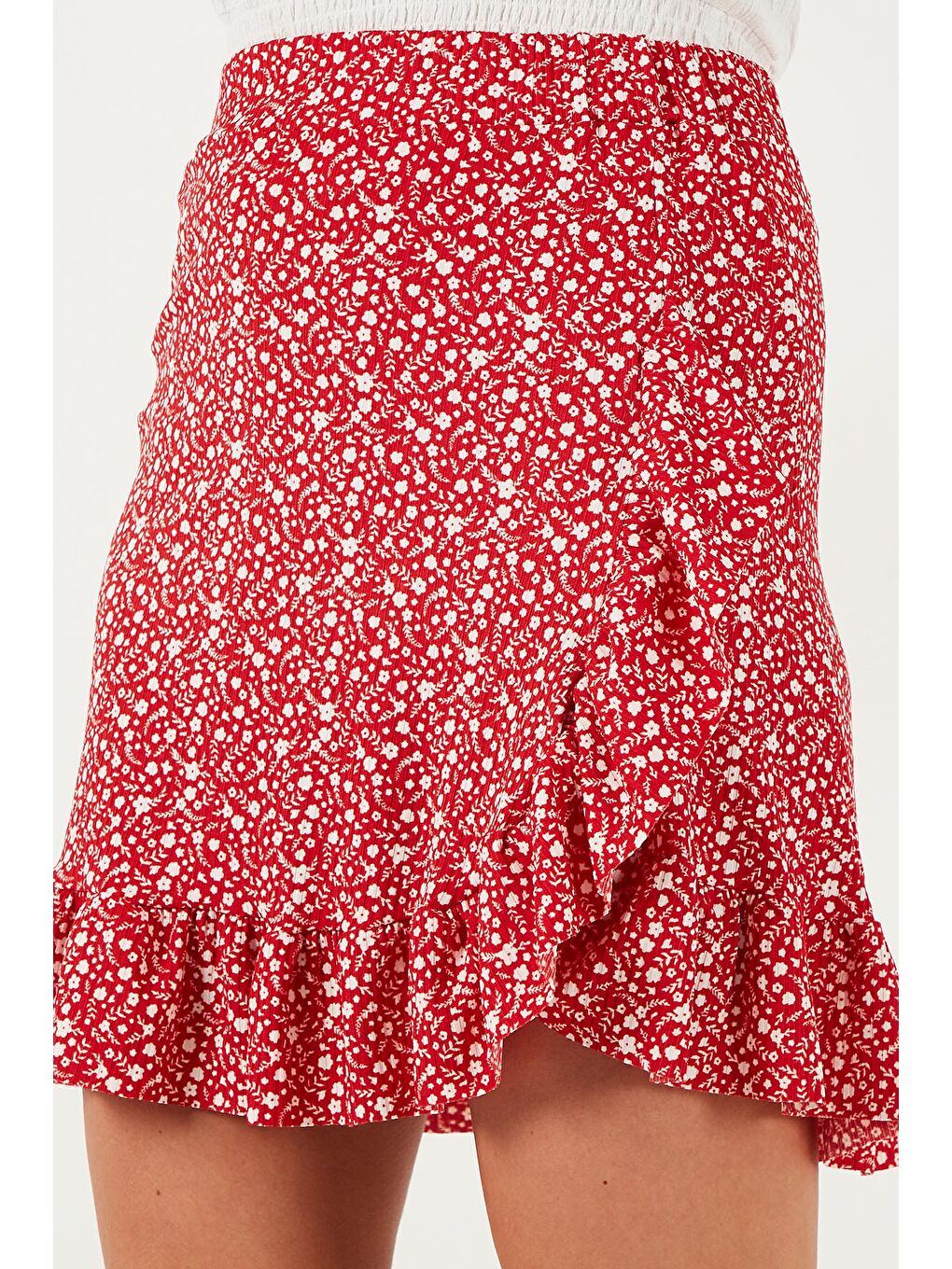 Kırmızı Desenli Volanlı Yüksek Bel Dar Kesim Kadın Etek 5864152-5