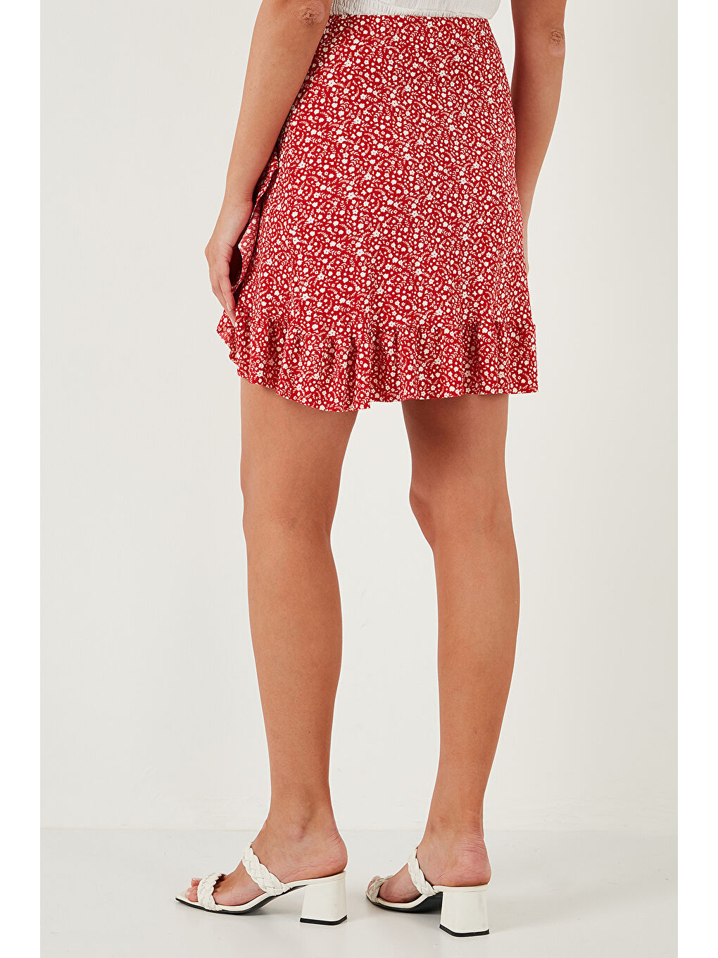 Kırmızı Desenli Volanlı Yüksek Bel Dar Kesim Kadın Etek 5864152-6