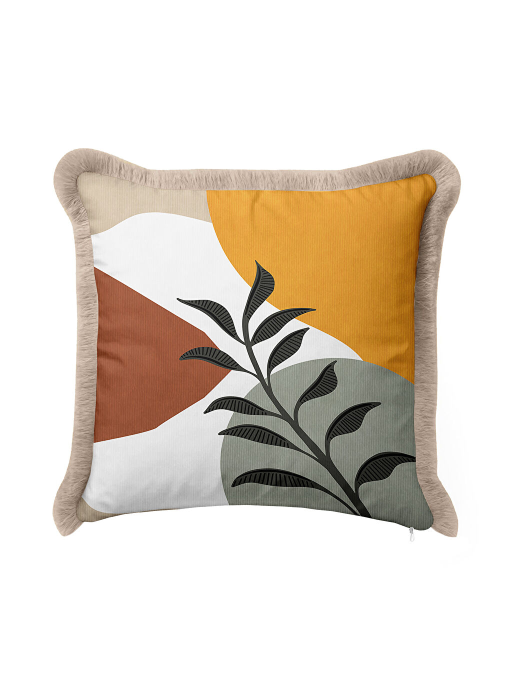 Karışık Modern Sanatsal Saçaklı Yastık Kılıfı - Minimal Doğal Bohem Hardal Bej Püsküllü Kırlent Kılıfı-2