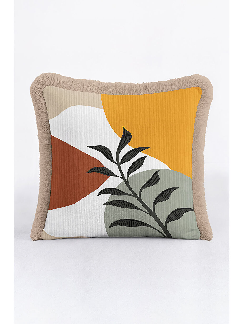 Karışık Modern Sanatsal Saçaklı Yastık Kılıfı - Minimal Doğal Bohem Hardal Bej Püsküllü Kırlent Kılıfı-3