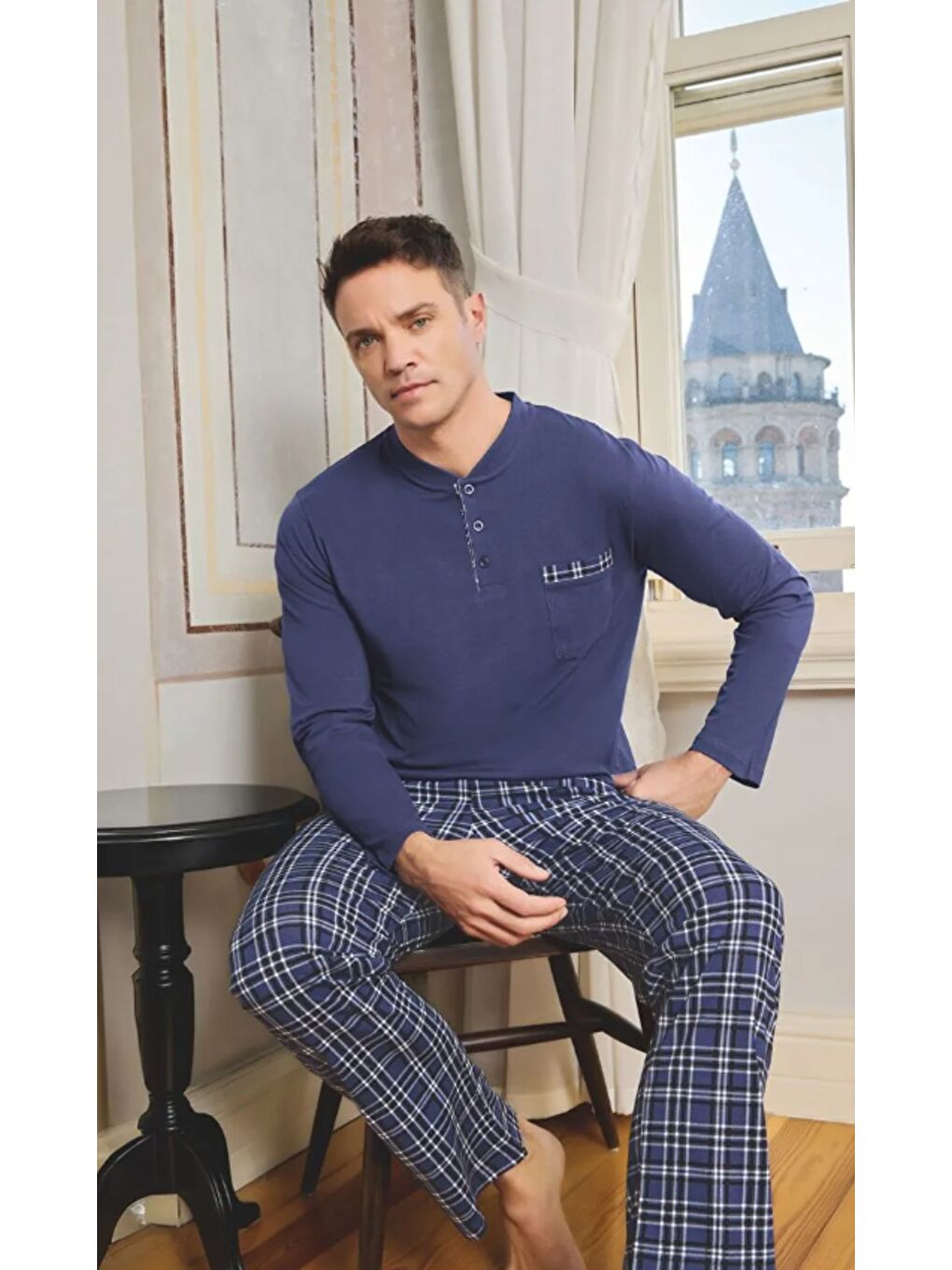 Erkek Mavi %100 Doğal Pamuk Uzun Kollu Yüksek Kaliteli Pijama Takımı