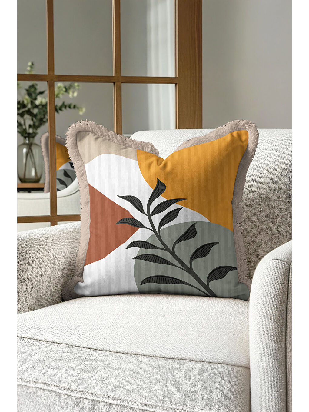 Karışık Modern Sanatsal Saçaklı Yastık Kılıfı - Minimal Doğal Bohem Hardal Bej Püsküllü Kırlent Kılıfı-4