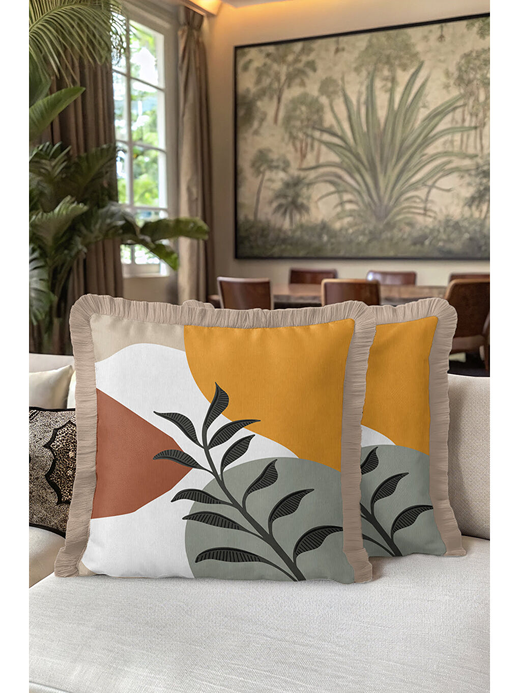 Karışık Modern Sanatsal Saçaklı Yastık Kılıfı - Minimal Doğal Bohem Hardal Bej Püsküllü Kırlent Kılıfı-5