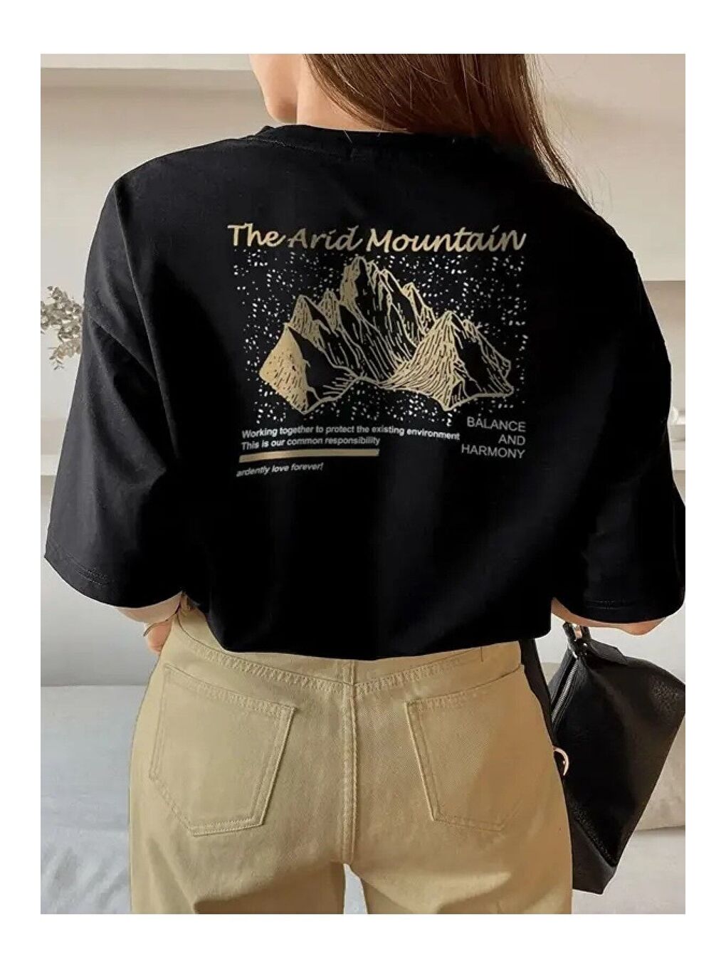 Kadın Siyah Arid Mountain Baskılı Oversize Tişört
