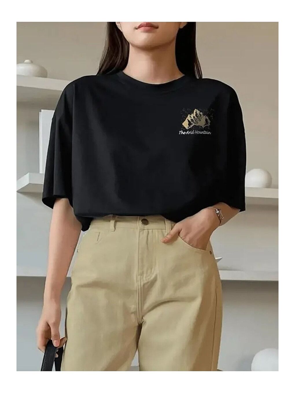 Kadın Siyah Arid Mountain Baskılı Oversize Tişört-1