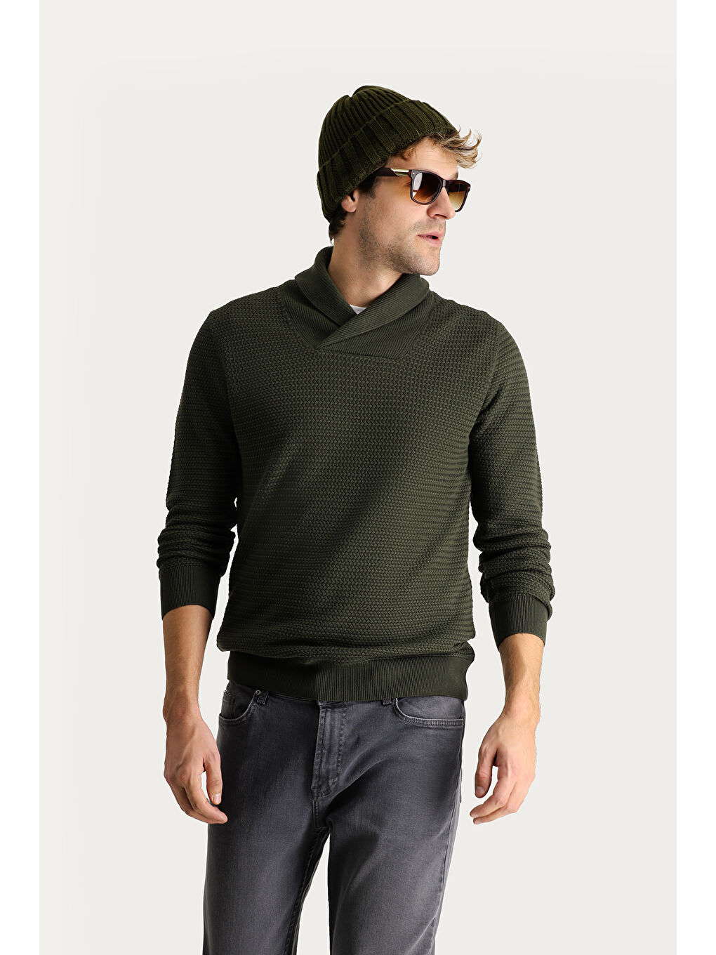 Haki Şal Yaka Slim Fit Dar Kesim Desenli Pamuklu Triko Kazak-2