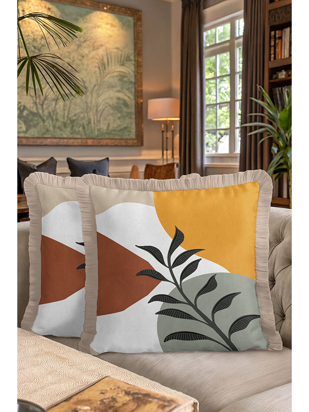 Karışık Modern Sanatsal Saçaklı Yastık Kılıfı - Minimal Doğal Bohem Hardal Bej Püsküllü Kırlent Kılıfı-7