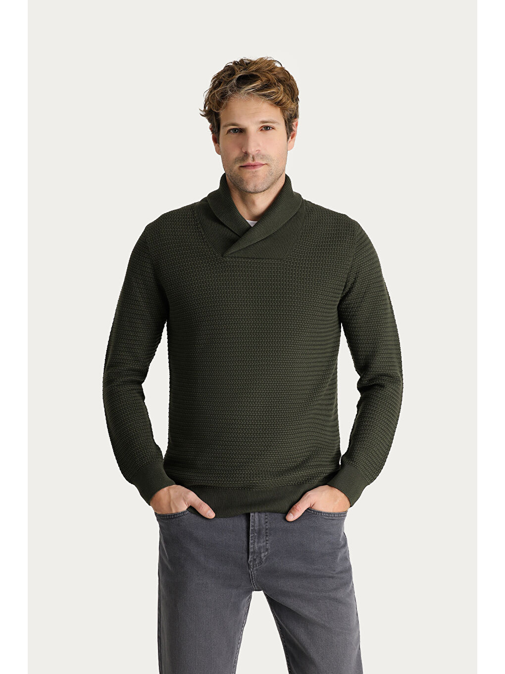 Haki Şal Yaka Slim Fit Dar Kesim Desenli Pamuklu Triko Kazak-3