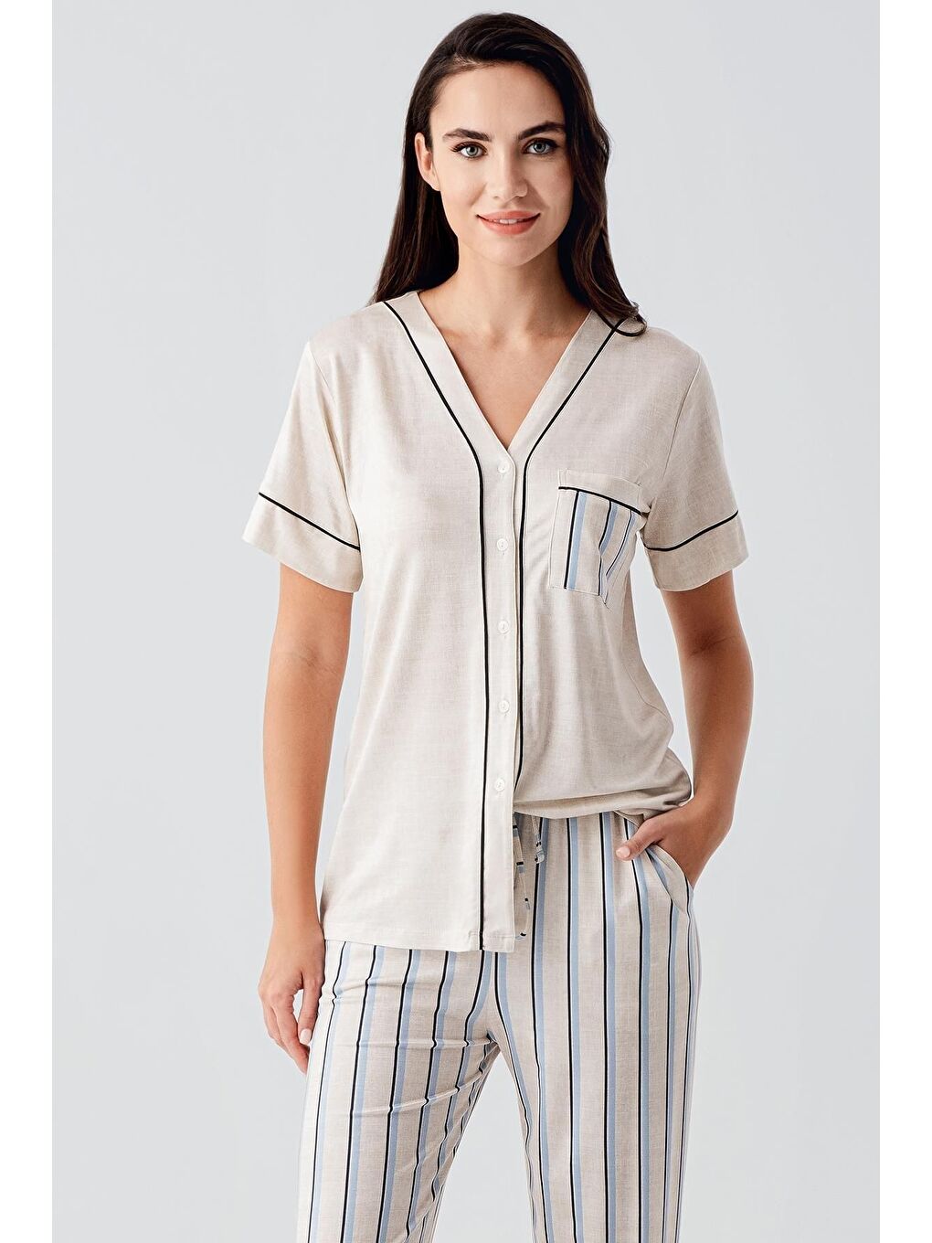 Lacivert Kısa Kollu Çizgili Düğmeli Esnek Viskoz Pijama Takım 17214-1