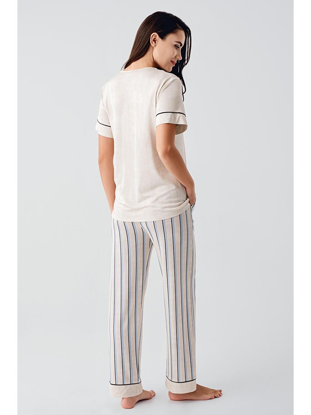 Lacivert Kısa Kollu Çizgili Düğmeli Esnek Viskoz Pijama Takım 17214-2