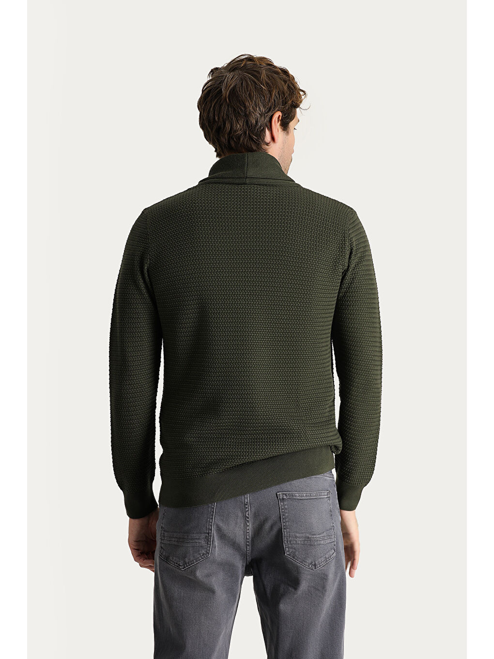 Haki Şal Yaka Slim Fit Dar Kesim Desenli Pamuklu Triko Kazak-4