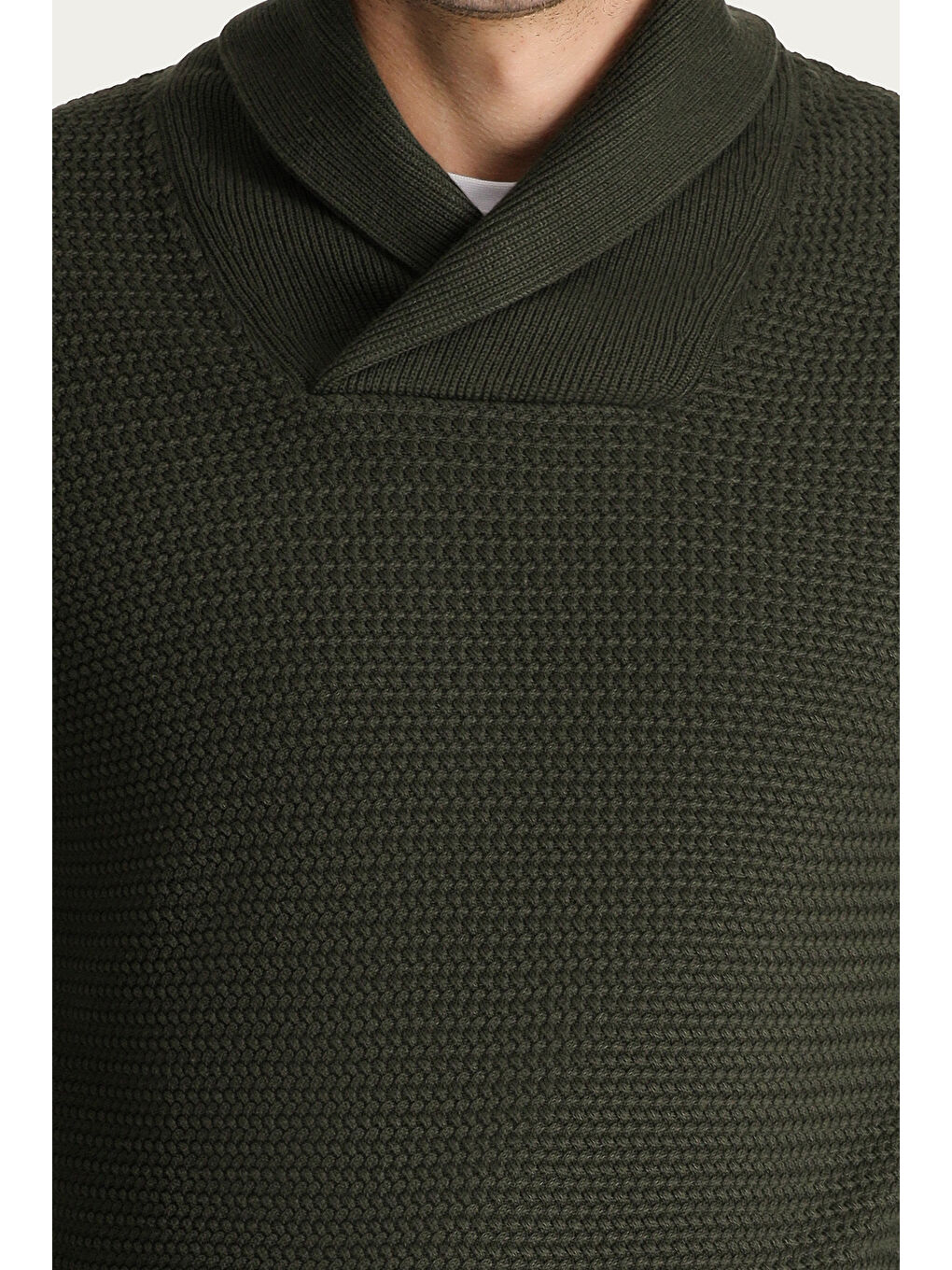 Haki Şal Yaka Slim Fit Dar Kesim Desenli Pamuklu Triko Kazak-5