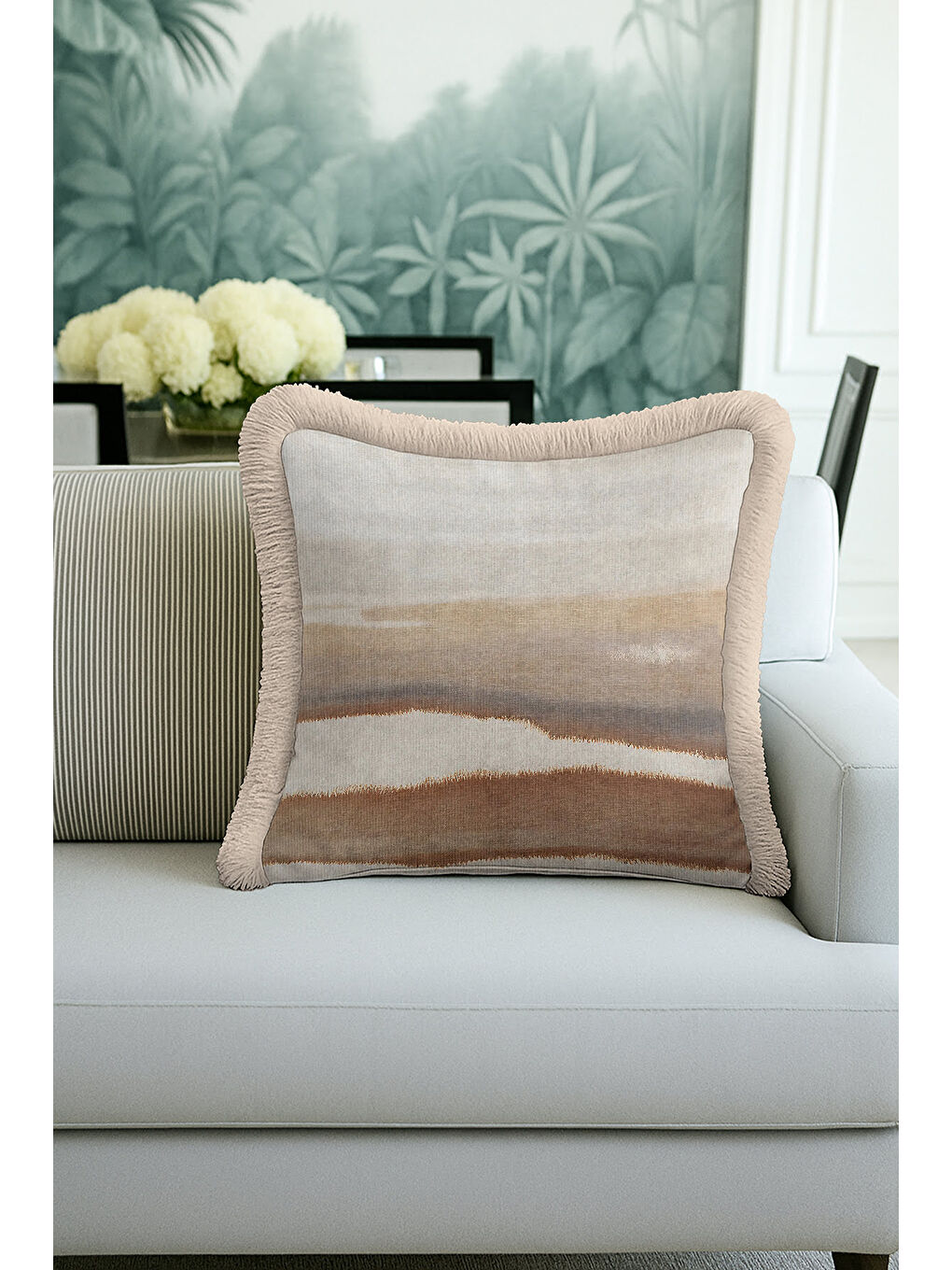 Karışık Lüks Doğal Dalga Saçaklı Yastık Kılıfı - Pastel Country Bej Gri Tonlu Püsküllü Kırlent Kılıfı-1