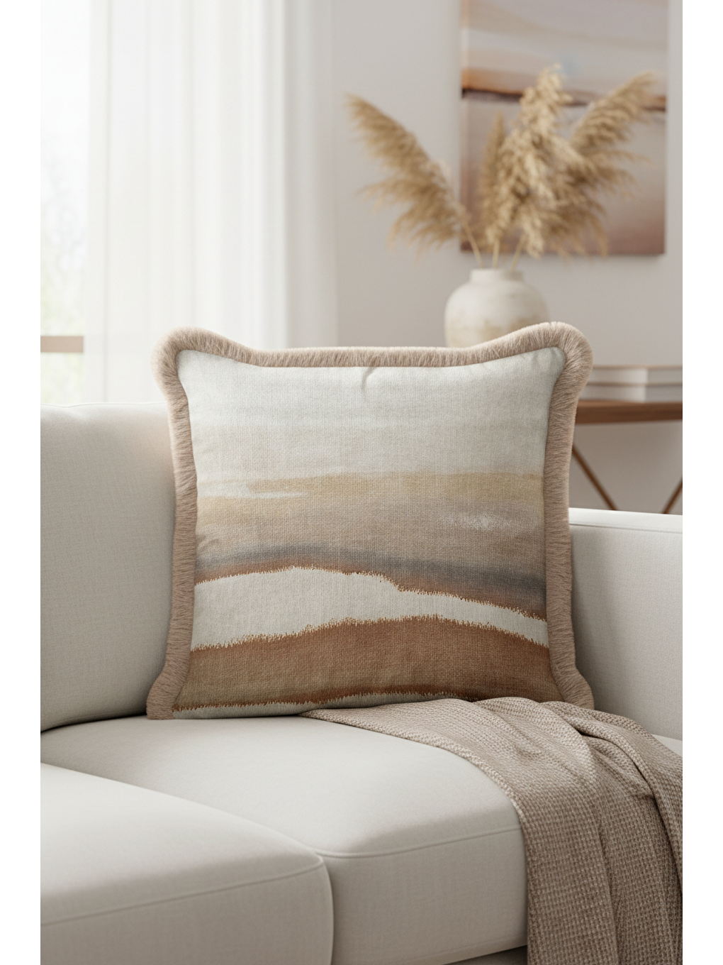 Karışık Lüks Doğal Dalga Saçaklı Yastık Kılıfı - Pastel Country Bej Gri Tonlu Püsküllü Kırlent Kılıfı-2