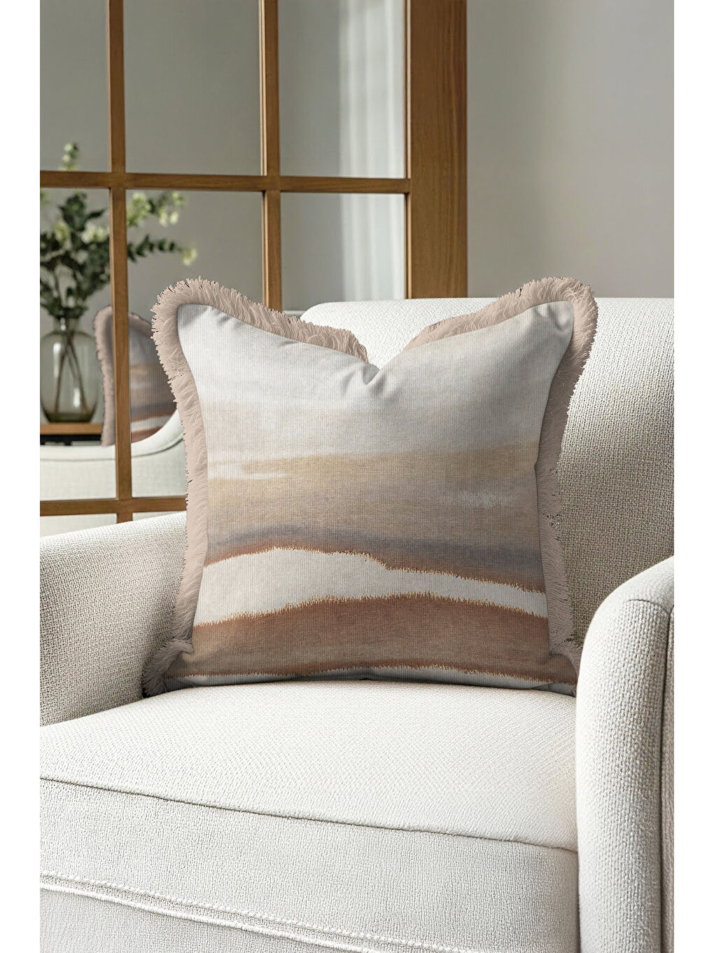 Karışık Lüks Doğal Dalga Saçaklı Yastık Kılıfı - Pastel Country Bej Gri Tonlu Püsküllü Kırlent Kılıfı-4