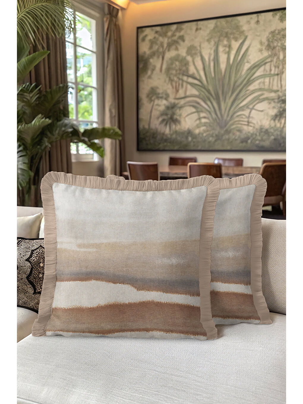 Karışık Lüks Doğal Dalga Saçaklı Yastık Kılıfı - Pastel Country Bej Gri Tonlu Püsküllü Kırlent Kılıfı-5