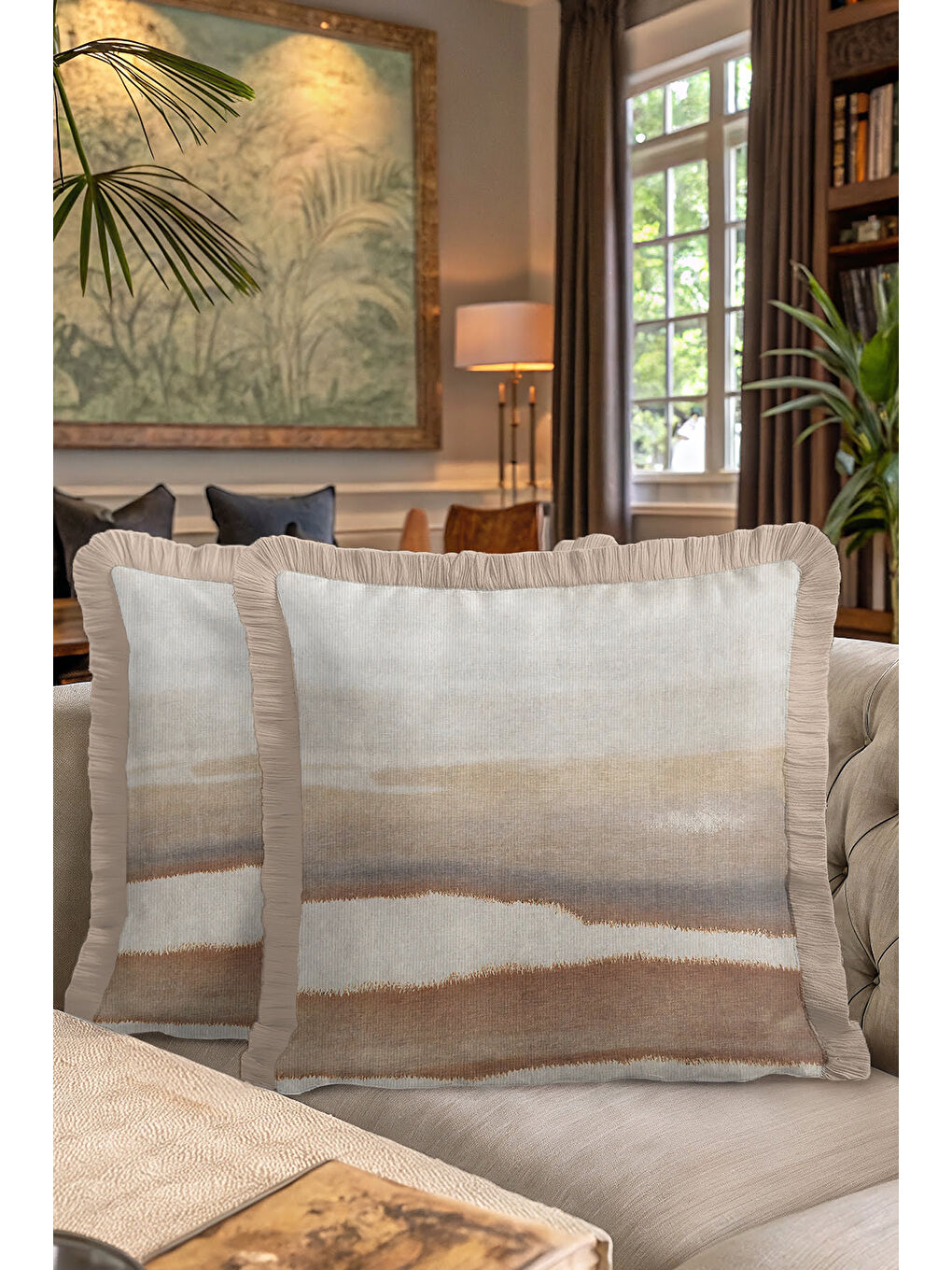Karışık Lüks Doğal Dalga Saçaklı Yastık Kılıfı - Pastel Country Bej Gri Tonlu Püsküllü Kırlent Kılıfı-7