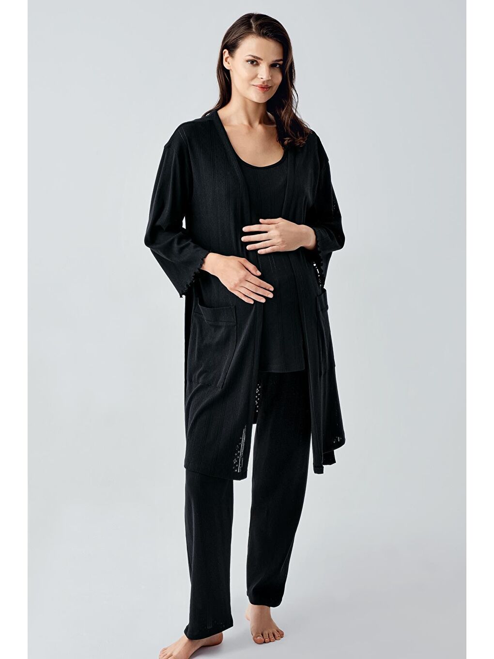 Siyah Kalın Askılı Ajurlu Esnek Pamuklu Hamile Sabahlık Pijama Takım 17308