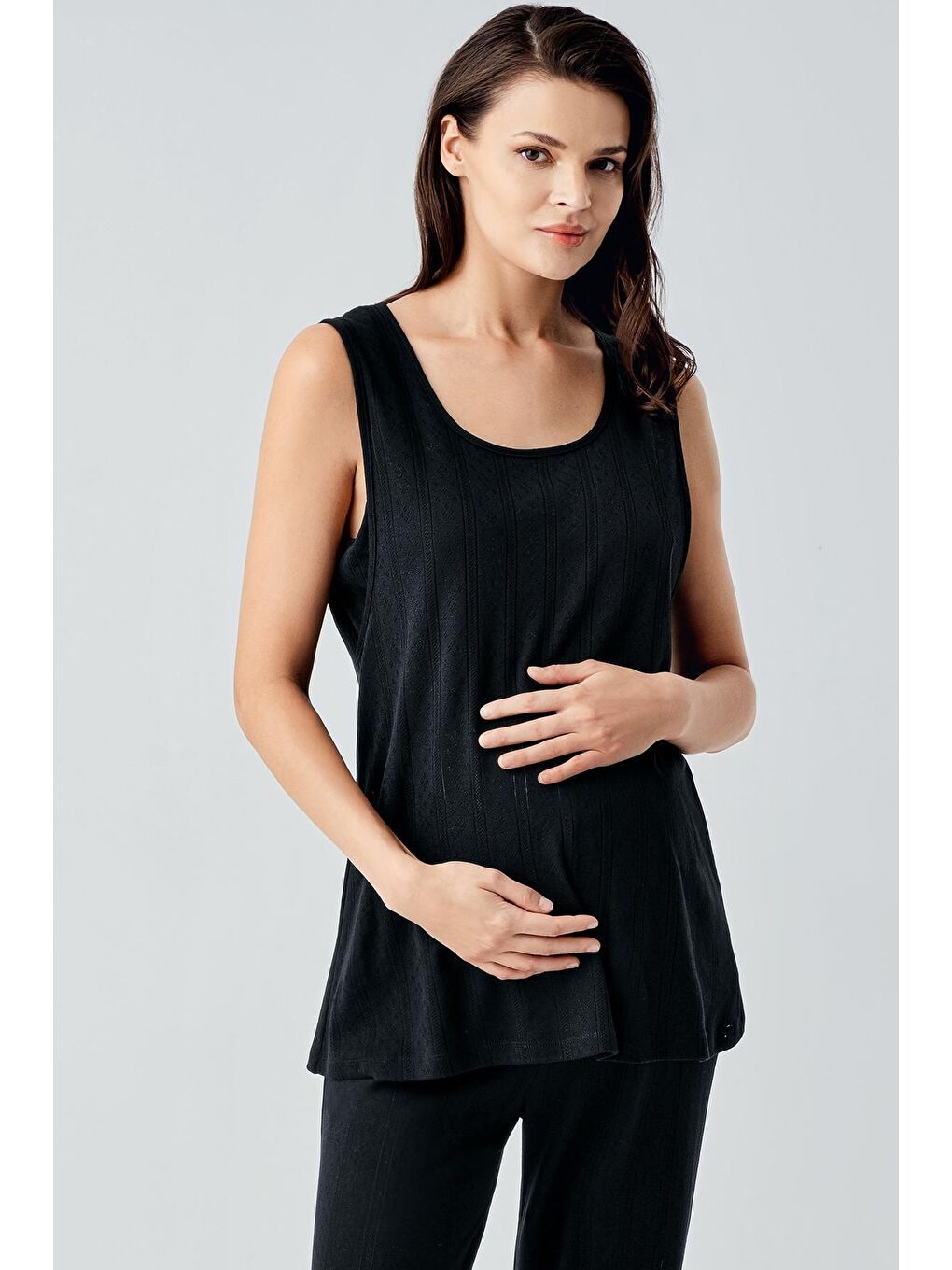 Siyah Kalın Askılı Ajurlu Esnek Pamuklu Hamile Sabahlık Pijama Takım 17308-2