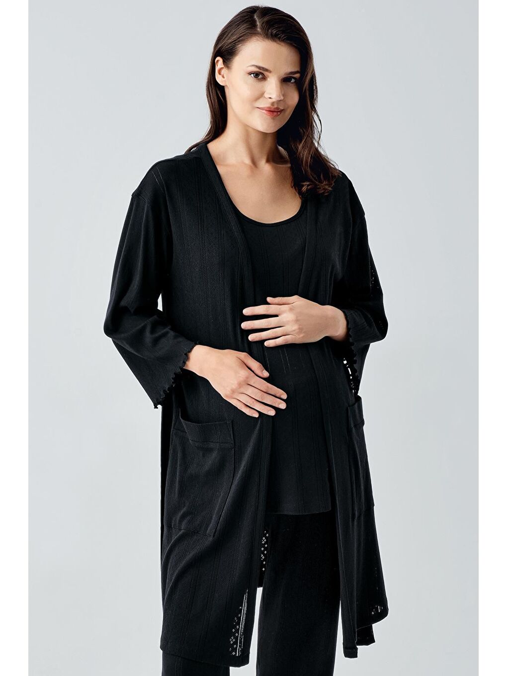 Siyah Kalın Askılı Ajurlu Esnek Pamuklu Hamile Sabahlık Pijama Takım 17308-3