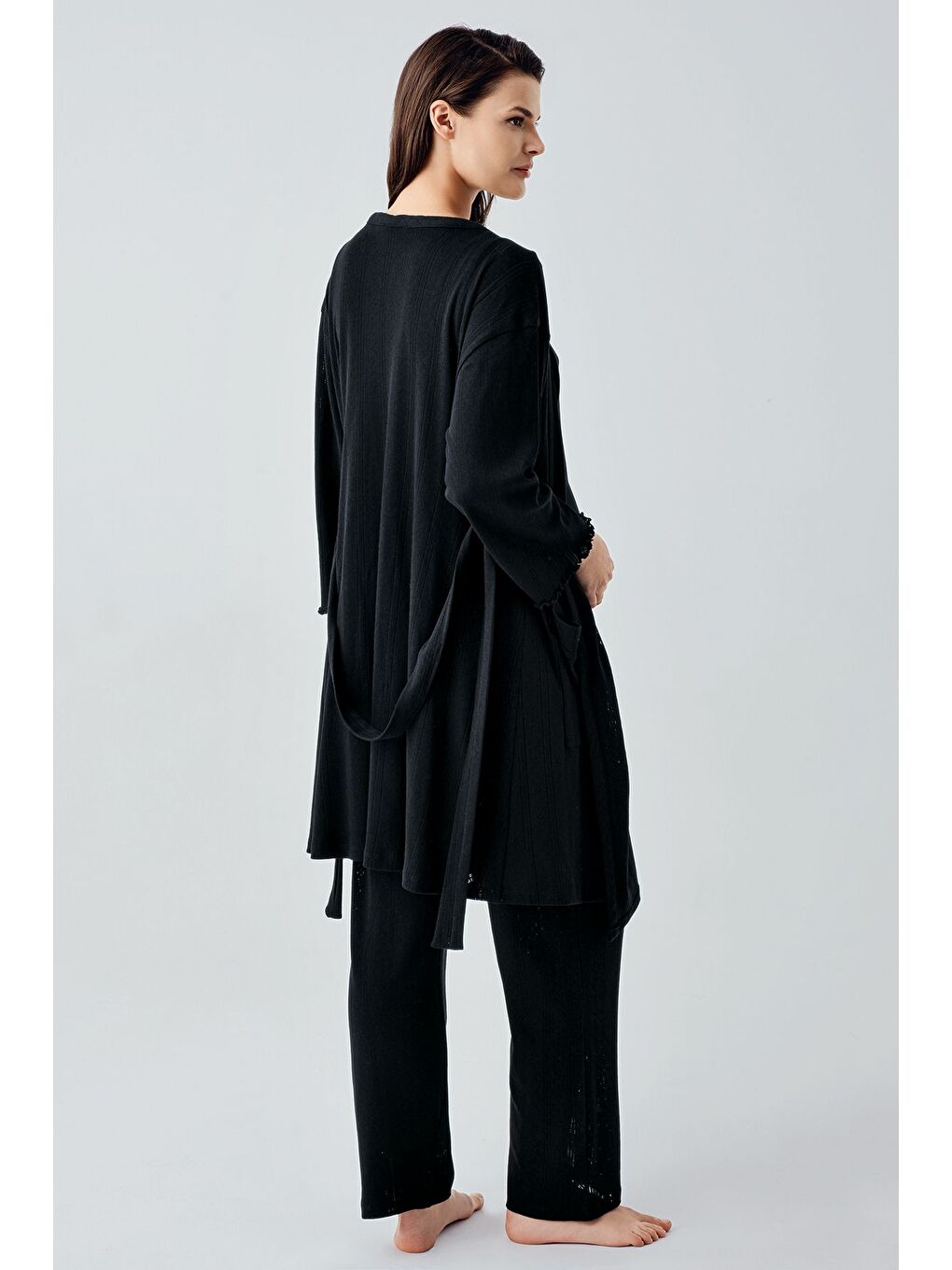 Siyah Kalın Askılı Ajurlu Esnek Pamuklu Hamile Sabahlık Pijama Takım 17308-5