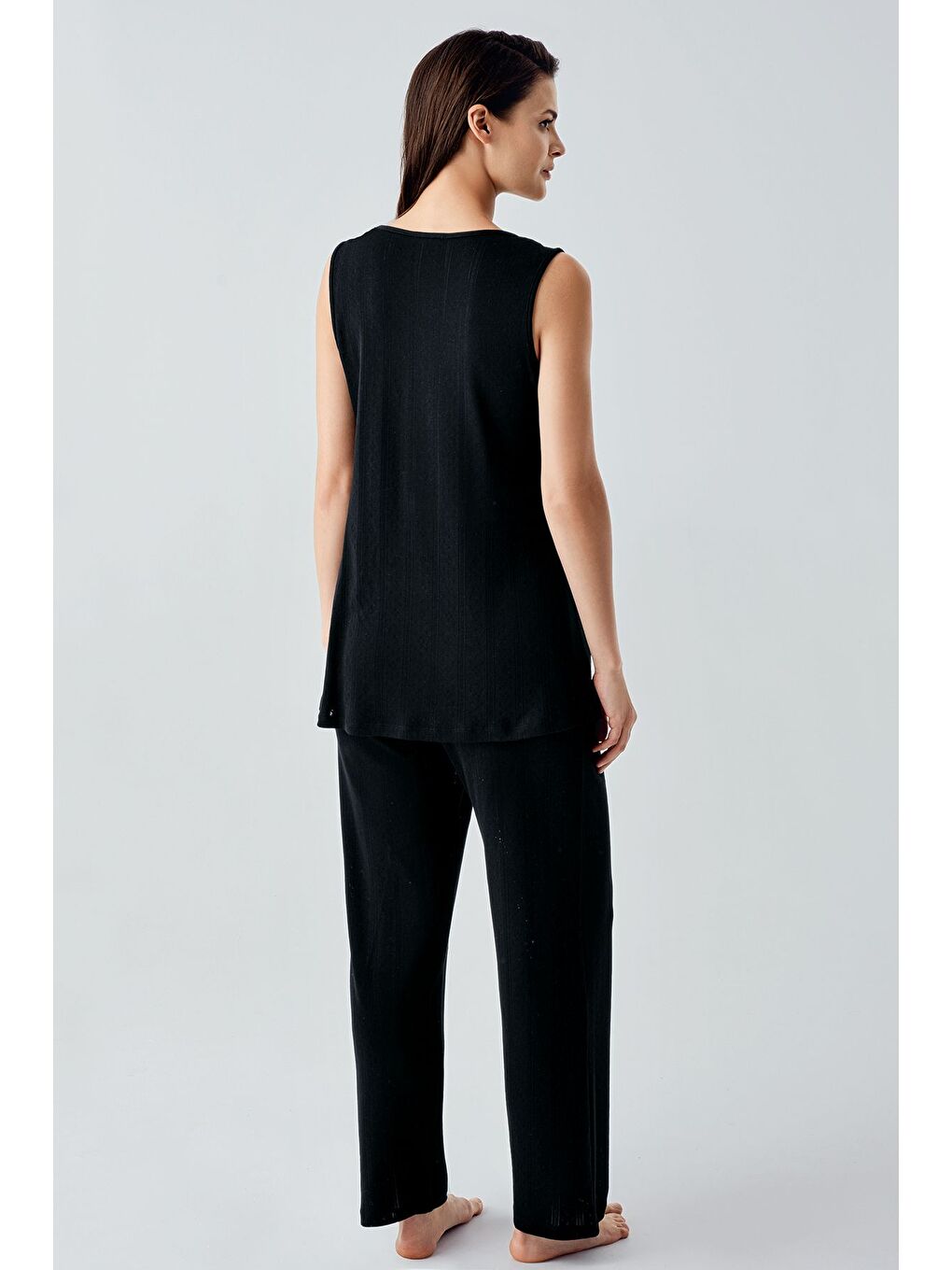 Siyah Kalın Askılı Ajurlu Esnek Pamuklu Hamile Sabahlık Pijama Takım 17308-6