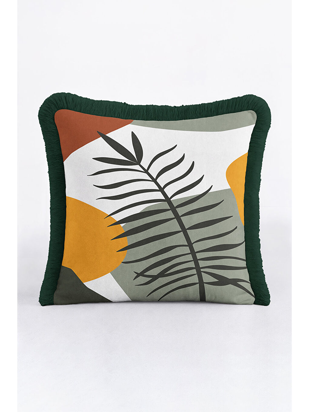 Karışık Tropikal Yapraklı Saçaklı Yastık Kılıfı - Naturel Bohem Haki Hardal Yeşil Püsküllü Kırlent Kılıfı-1
