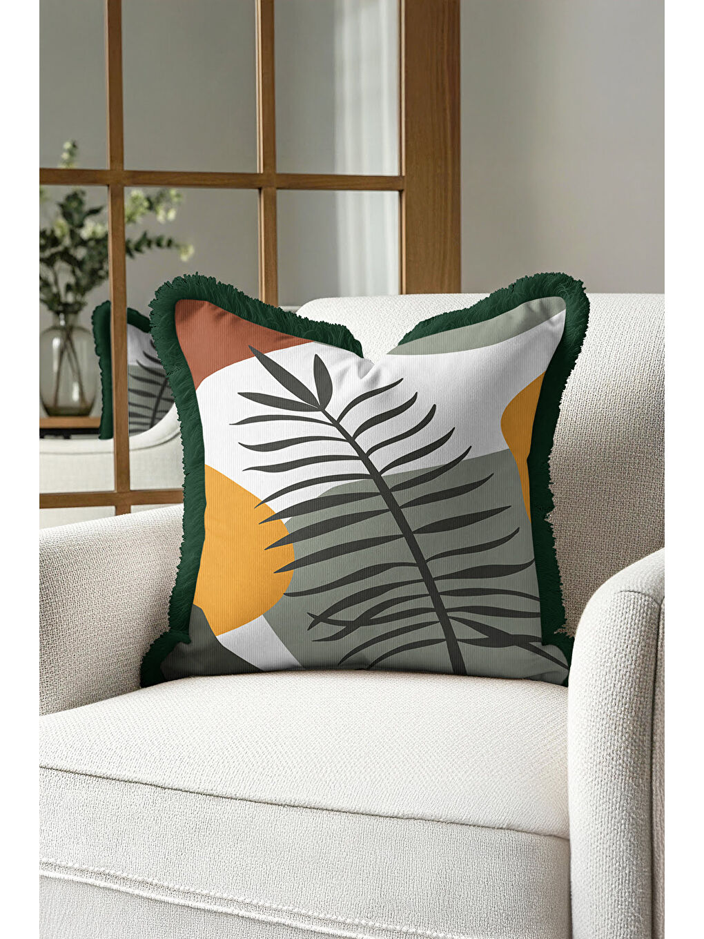 Karışık Tropikal Yapraklı Saçaklı Yastık Kılıfı - Naturel Bohem Haki Hardal Yeşil Püsküllü Kırlent Kılıfı-2