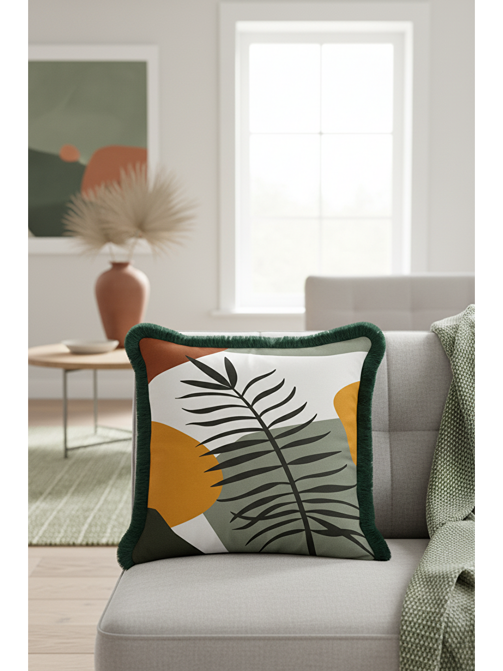 Karışık Tropikal Yapraklı Saçaklı Yastık Kılıfı - Naturel Bohem Haki Hardal Yeşil Püsküllü Kırlent Kılıfı-3