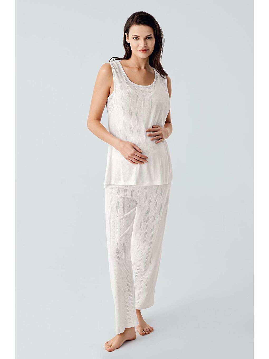 Ekru Kalın Askılı Ajurlu Esnek Pamuklu Hamile Sabahlık Pijama Takım 17308-1