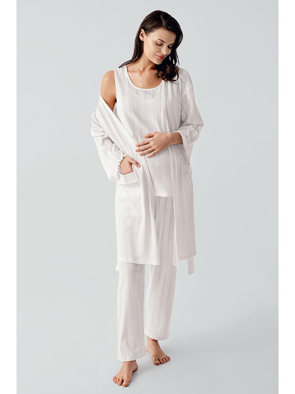 Ekru Kalın Askılı Ajurlu Esnek Pamuklu Hamile Sabahlık Pijama Takım 17308-2