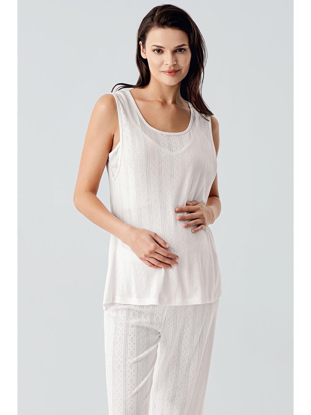 Ekru Kalın Askılı Ajurlu Esnek Pamuklu Hamile Sabahlık Pijama Takım 17308-3