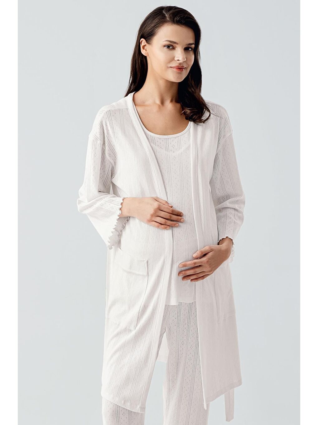 Ekru Kalın Askılı Ajurlu Esnek Pamuklu Hamile Sabahlık Pijama Takım 17308-4