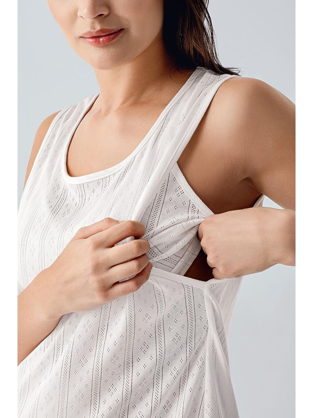 Ekru Kalın Askılı Ajurlu Esnek Pamuklu Hamile Sabahlık Pijama Takım 17308-5