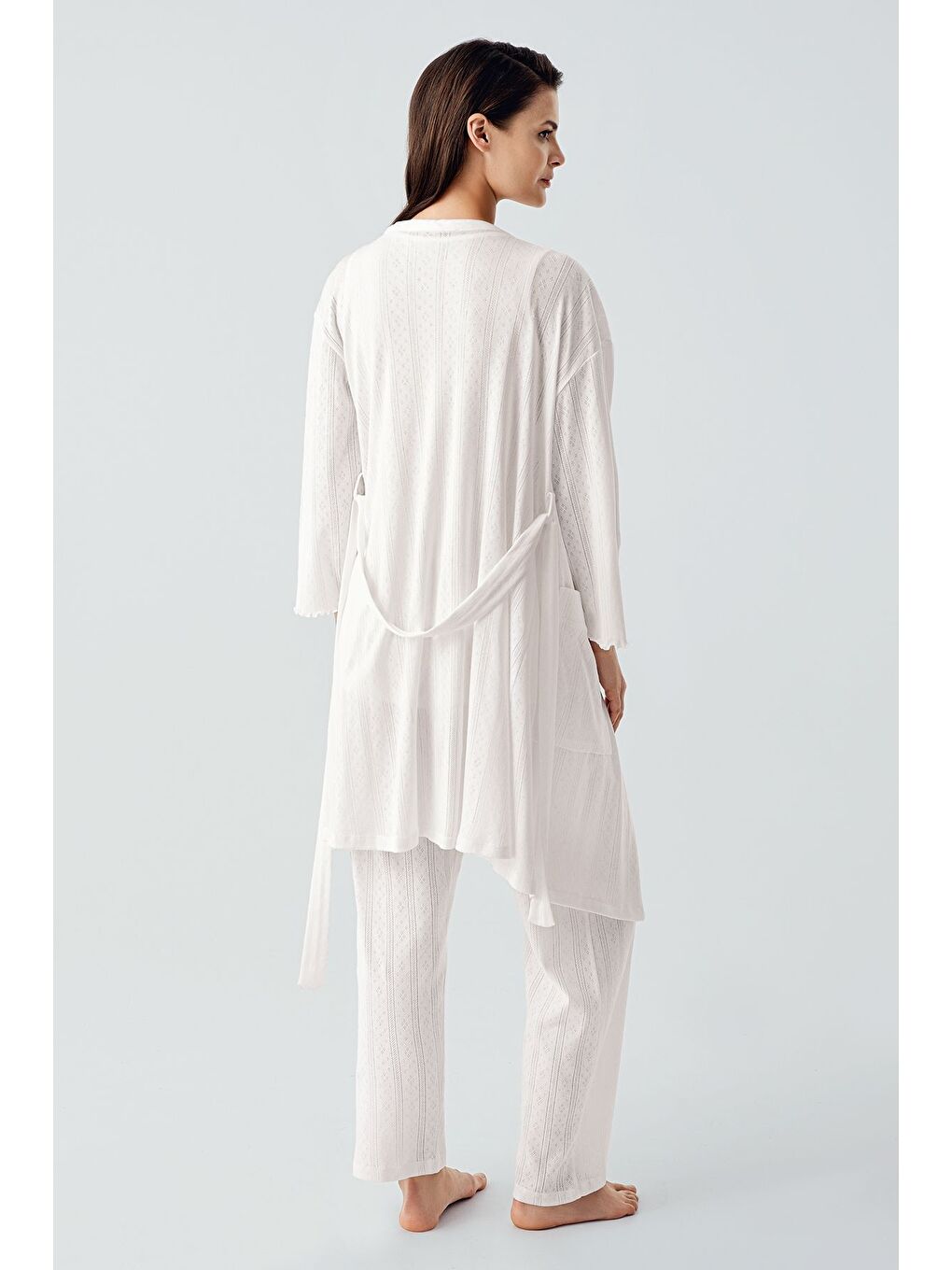 Ekru Kalın Askılı Ajurlu Esnek Pamuklu Hamile Sabahlık Pijama Takım 17308-6