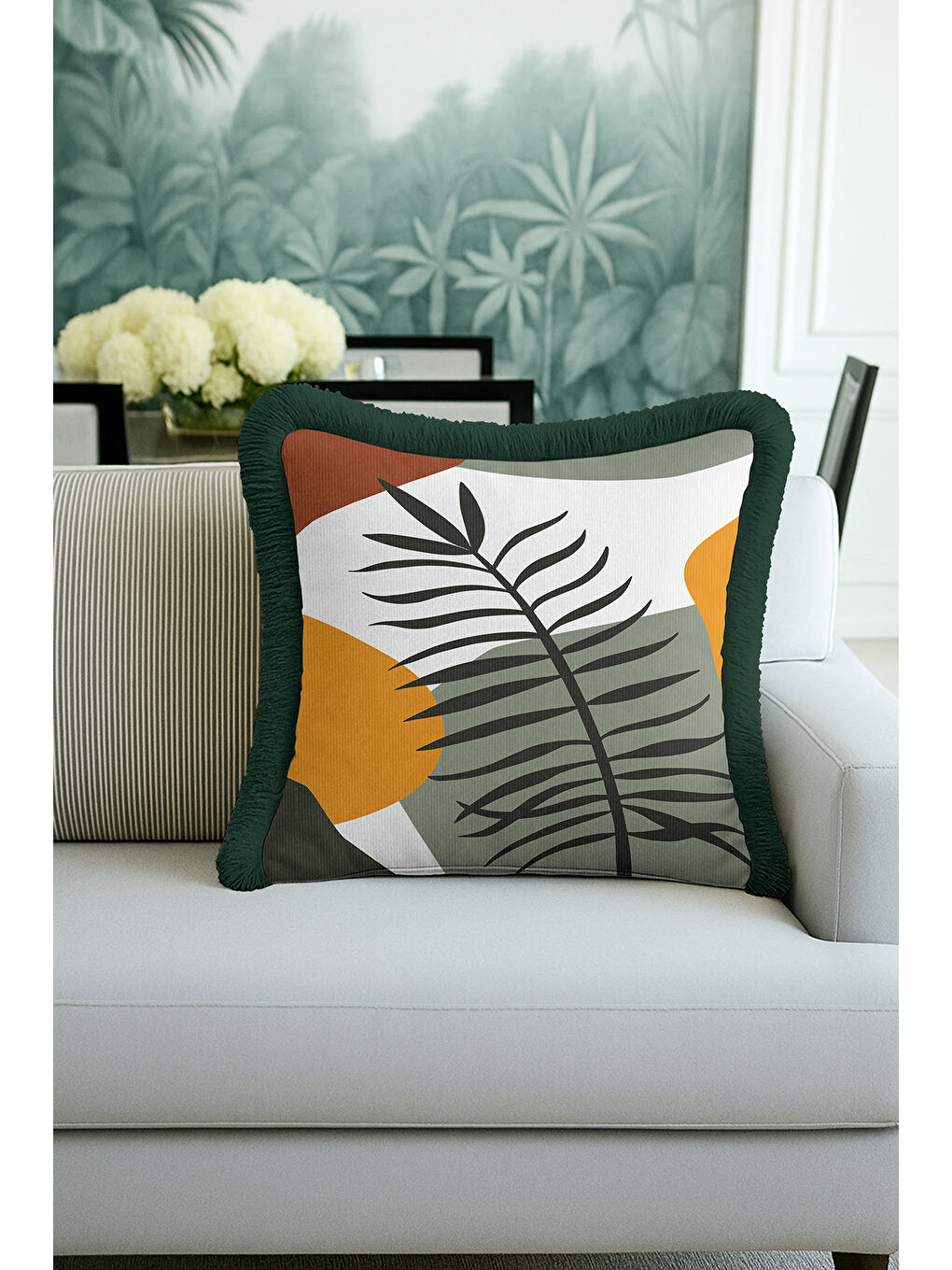 Karışık Tropikal Yapraklı Saçaklı Yastık Kılıfı - Naturel Bohem Haki Hardal Yeşil Püsküllü Kırlent Kılıfı-4