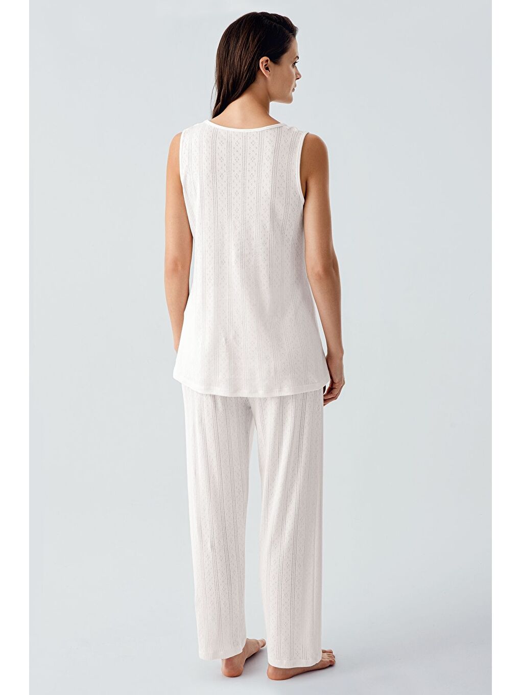 Ekru Kalın Askılı Ajurlu Esnek Pamuklu Hamile Sabahlık Pijama Takım 17308-7