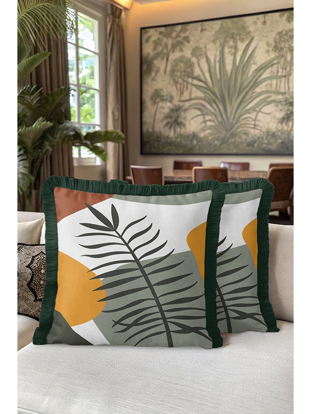 Karışık Tropikal Yapraklı Saçaklı Yastık Kılıfı - Naturel Bohem Haki Hardal Yeşil Püsküllü Kırlent Kılıfı-5